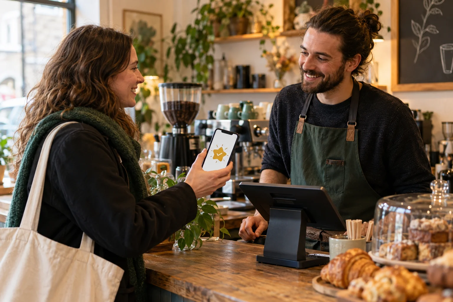 A smiling customer shows a reward confirmation to a barista in a local café